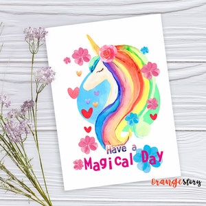 Watercolor Unicorn head with flowers Sublimation design. Instant Download. Unicorn PNG, JPG printable. Birthday Card Unicorn - "Magic Day"