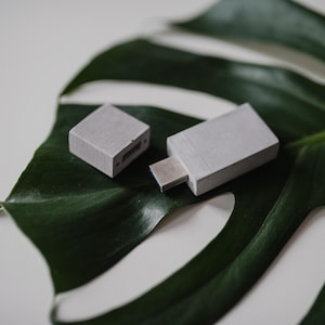 May include: A gray concrete USB drive with a silver connector, resting on a green leaf.