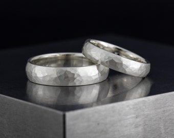 Wedding rings, silver, hammered, forged, women's ring, men's ring, ring set with hammer blow