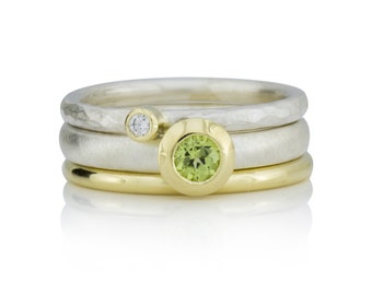 Ring set of 3 rings, peridot ring, diamond ring, smooth polished gold ring