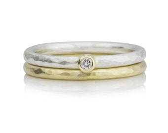 Ring set of 2 rings, diamond ring, forged gold ring
