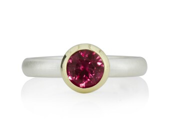 Engagement ring, silver ring with ruby (synthetic), gold setting