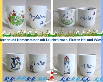 Bunte Wiesen, Leuchttürme, Piraten Hai auf Porzellan Becher oder Namenstassen. Maritimes und Blumenwiesen Geschenkidee Weihnachten, Ostern