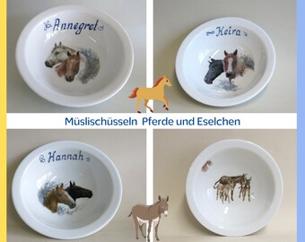 Schale Coup oder Schüssel für Brei, Müsli, Suppe mit süßen Eselchen oder 3 Pferdemotiven: Haflinger, Rappe, Schimmel, Brauner, Fuchs