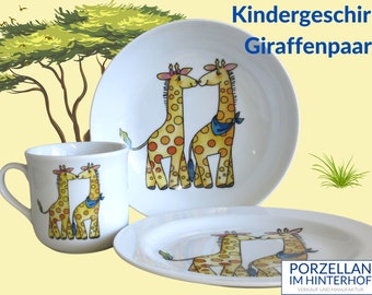 Verliebte Giraffen Kindergeschirr aus Porzellan. Ein schönes Geschenk zum Geburtstag, zu Weihnachten und zu Ostern, zur Einschulung, Afrika,