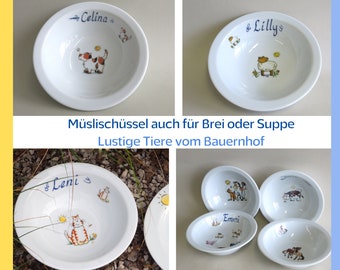 Kuh, Schwein, Gans, Schaf, Pferde, Katze: Müslischüssel mit Bauernhoftieren und Namen. Geschenk für Kinder, als Breischale, Suppenteller