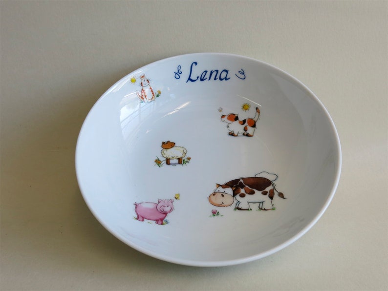 Kinder Porzellanset personalisiert mit Namen: Viele fröhliche Bauernhoftiere, wie Schaf, Kuh, Schweinchen, Hund und Katze, Kindergeschenk Bild 7