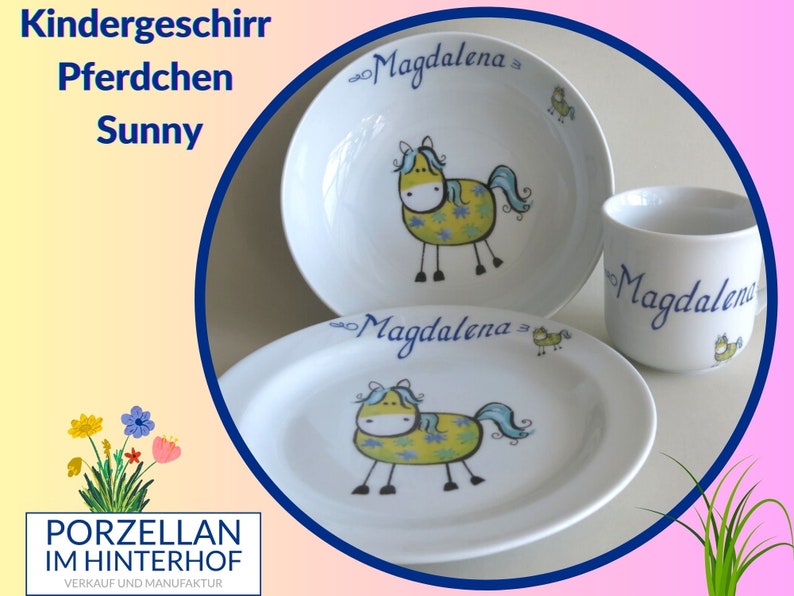 Kindergeschirr mit Namen und gelbem Pferdchen von der Farm Kunterbunt Pferdemotiv für Kinder personalisiert für Geburtstag, Taufe, Ostern image 1