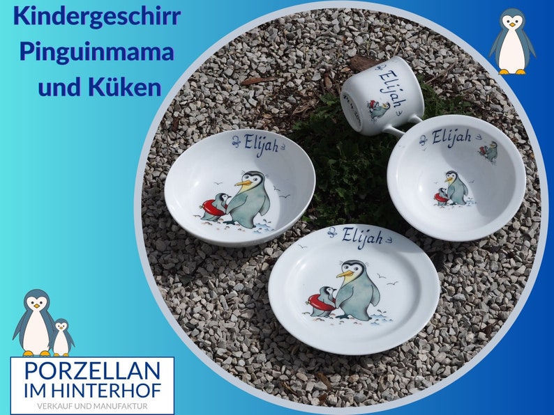 Pinguinmama und Küken auf Porzellan Kindergeschirr mit Namen. Nette Pinguinfamilie auf Sets toll als Geschenk zu Ostern, Weihnachten, Taufe Bild 1