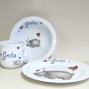 Children's tableware made of porcelain. Cute hippopotamus with heart and name. Sweet personalized gift for baptism, Easter, Christmas, school enrolment image 3