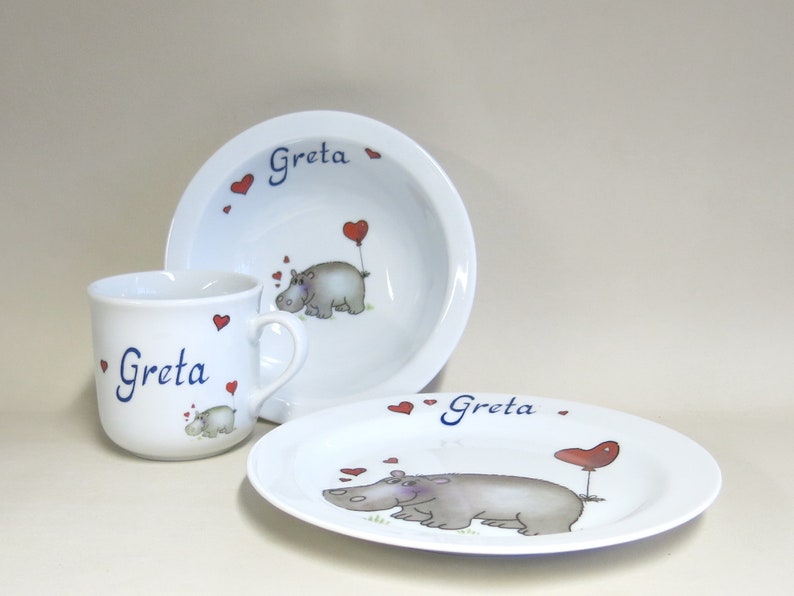 Children's tableware made of porcelain. Cute hippopotamus with heart and name. Sweet personalized gift for baptism, Easter, Christmas, school enrolment image 3