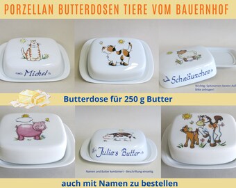 Porzellan Butterdosen Lustige Bauernhof Tiere: Kuh, Schaf, Schwein, Pferd, Hund, Katze. Kann personalisiert werden Geschenkidee Ostern