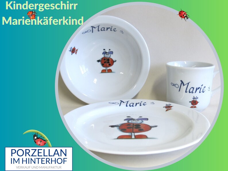 Porzellan Kindergeschirr personalisiert: Marienkäferkind mit Namen. Süßer Marienkäfer als Geschenk zu Ostern, Weihnachten, Geburtstag, Taufe image 1