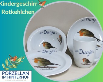 Putziges Rotkehlchen auf Porzellan Kindergeschirr mit Namen, Geschenk zu Weihnachten oder Ostern, Mitbringsel zum Geburtstag,