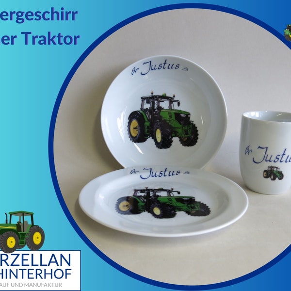 Großer grüner Traktor Porzellan Geschirrset mit Name personalisiert: Für Kinder und Erwachsene zum Geburtstag, zu Weihnachten oder Ostern