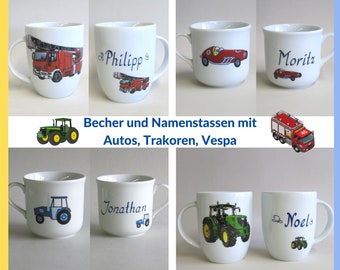 Feuerwehrauto, Polizeiwagen, LKW, Traktor: Namenstasse oder Becher. Geschenk für große oder kleine Jungs. Roller Geschenk für Vespa Mädchen