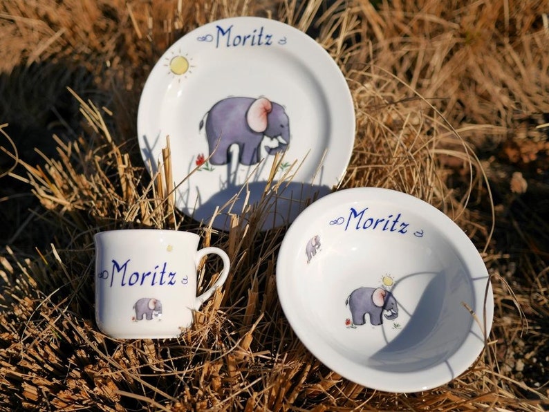 Kinder Frühstücksgeschirr: Elefant und Sonne mit Namen personalisiert, Porzellanset als Geschenk zu Ostern, Weihnachten, Taufe, Geburtstag image 4