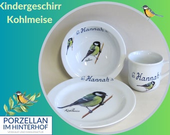 Freche Kohlmeise auf Porzellan Kindergeschirr mit Namen, Geschenk zu Weihnachten oder Ostern, Mitbringsel zum Geburtstag,