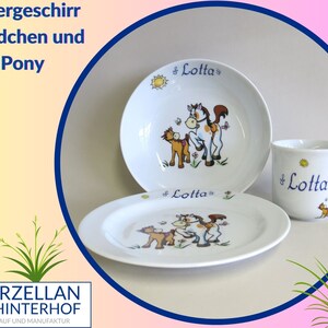 Porzellangeschirr: Pony und Pferd mit Namen personalisiert. Geschenk für Taufe, Geburtstag, Geburt, Ostern, Weihnachten. Individuell Bild 1