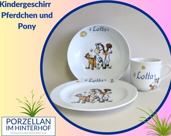 Porzellangeschirr: Pony und Pferd mit Namen personalisiert. Geschenk für Taufe, Geburtstag, Geburt, Ostern, Weihnachten. Individuell