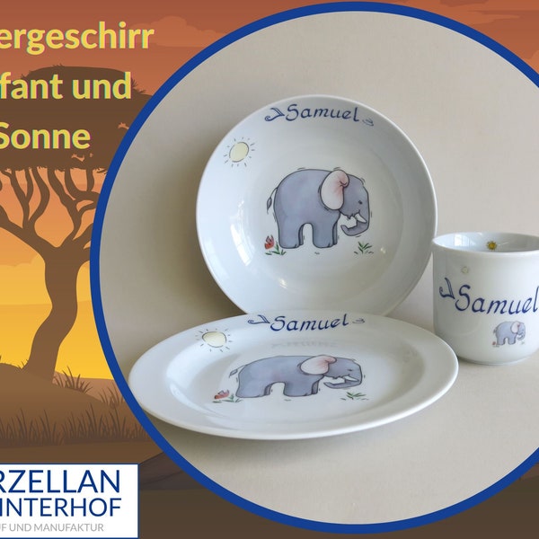 Kinder- Frühstücksgeschirr: Elefant und Sonne mit Namen personalisiert, Porzellanset  als Geschenk zu Ostern, Weihnachten, Taufe, Geburtstag