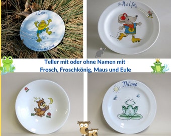 Frosch, Froschkönig, Maus, Eule auf Porzellan Tellern für Frühstück, Mittagessen oder Suppe mit oder ohne Namen. Geschenk Kindergeburtstag