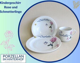 Porzellanset rosa Rose und Schmetterlinge mit Namen personalisiert. Schön als Kindergeschirr aber auch Geschenkidee für Große