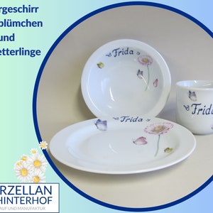 Porzellanset Gänseblümchen und zarte Schmetterlingen mit Namen personalisiert. Schön als Kindergeschirr aber auch Geschenkidee für Große Bild 1