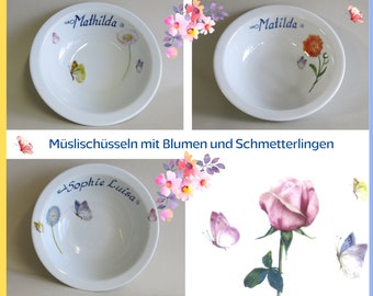 Müslischüssel mit Schmetterlingen und Blume oder Wiese mit Namen Geschenk für Kinder Erwachsene. Porzellanschüssel, Zum Frühstück. Ostern