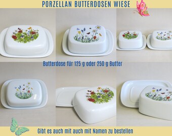 Porzellan Butterdosen mit bunten Wiesen, Frühlingswiese, Mohnwiese, personalisierbar mit Namen, Geschenkidee für Umzug oder zum Geburtstag