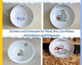 Müsli Schüssel oder Schale mit oder ohne Namen, Eisbären oder Pinguine Geschenkidee zum Geburtstag. Für Cornflakes,Suppe, Pasta, Salat