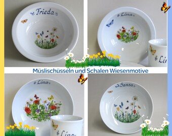 Frühstücksschale oder Schüssel für Müsli, Cornflakes mit schönen Wiesenmotiv. Mit Namen personalisiert oder ohne, für Kinder oder Erwachsene