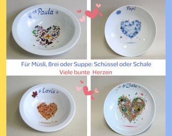 Schale Coup oder Müslischüssel mit schönen bunten Herzmotiven und mit oder ohne Namen: Für alles von Brei,Müsli, Suppe, Pasta. Geschenkidee