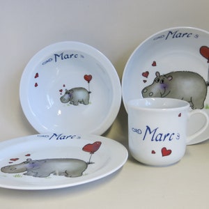 Children's tableware made of porcelain. Cute hippopotamus with heart and name. Sweet personalized gift for baptism, Easter, Christmas, school enrolment image 4