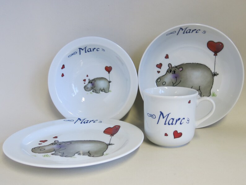 Children's tableware made of porcelain. Cute hippopotamus with heart and name. Sweet personalized gift for baptism, Easter, Christmas, school enrolment image 4