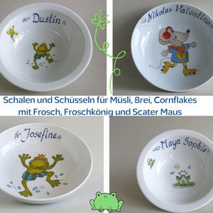 Müslischüssel oder schöne Schale ideal auch für Brei oder Suppe mit Frosch und Fliege,fröhlichem Froschkönig oder Maus auf Rollschuhen