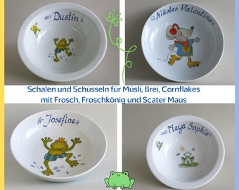 Müslischüssel oder schöne Schale ideal auch für Brei oder Suppe mit Frosch und Fliege,fröhlichem Froschkönig oder Maus auf Rollschuhen