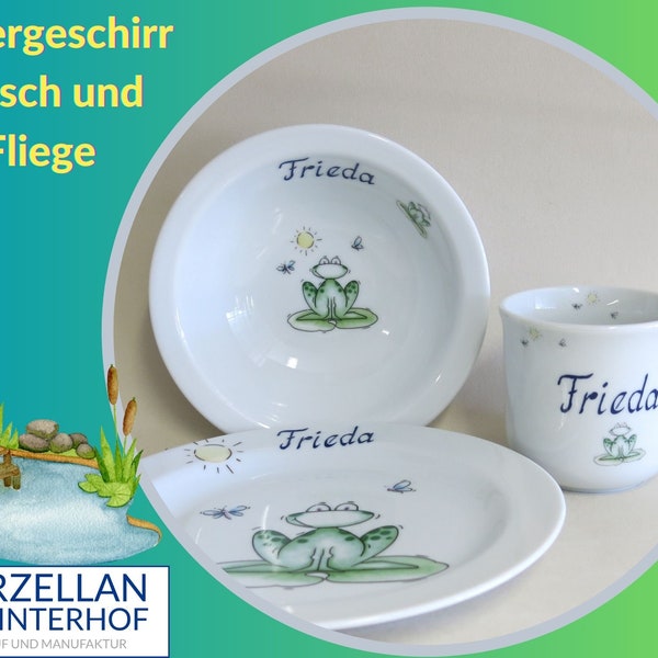 Kindergeschirr: Porzellanset Frosch mit Namen personalisiert, Geschirr mit Breischale, Teller, Kindertasse- zu Geburtstag Taufe Weihnachten