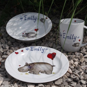 Children's tableware made of porcelain. Cute hippopotamus with heart and name. Sweet personalized gift for baptism, Easter, Christmas, school enrolment image 8