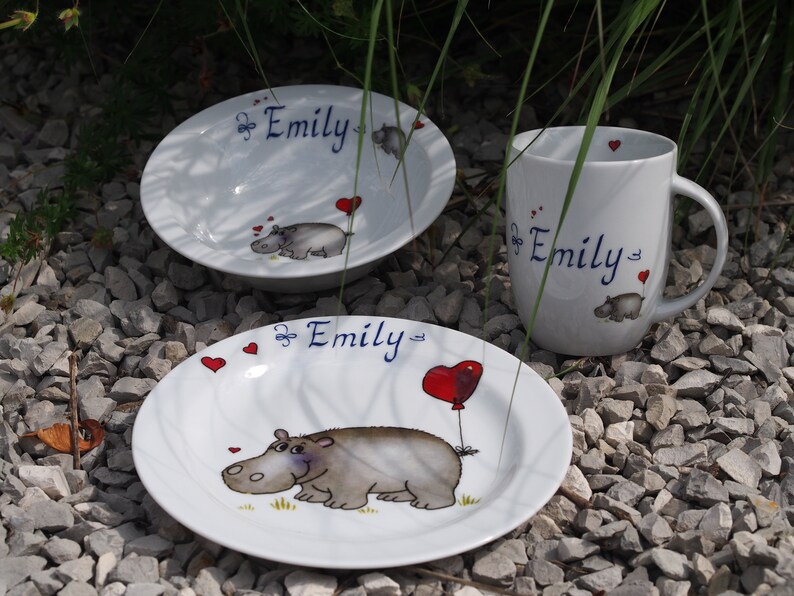 Children's tableware made of porcelain. Cute hippopotamus with heart and name. Sweet personalized gift for baptism, Easter, Christmas, school enrolment image 8