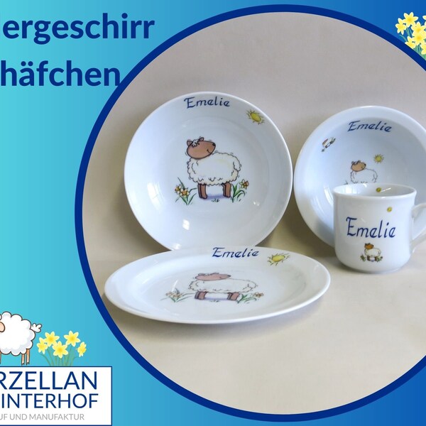 Wolliges Schäfchen Porzellan Kinderset und Namen personalisiert. Geschenkidee für Kinder zu Ostern,Weihnachten. Geburtstag oder Einschulung