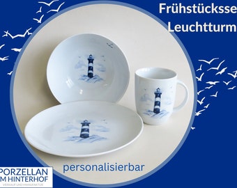 Frühstücksgeschirr Porzellan mit blauem Leuchtturm: 3teilig mit großen Tassen, Schale oder Bowl und Teller, Dekor im Delfter Stil weiß blau