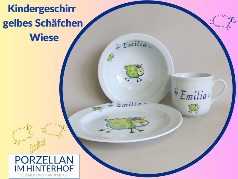 Porzellan Kindergeschirr Sets: Kunterbunte Schäfchen gelb mit Namen personalisiert Geschenk zu Ostern, Taufe, Geburtstag, Weihnachten image 1