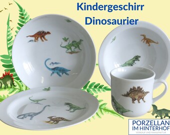 Viele bunte Dinosaurier Kindergeschirr aus Porzellan: Schönes Geschenk für Jungs zu Weihnachten und zu Ostern, T-Rex, Brontosaurus, Dinos