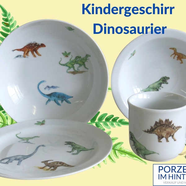 Viele bunte Dinosaurier Kindergeschirr aus Porzellan: Schönes Geschenk für Jungs zu Weihnachten und zu Ostern, T-Rex, Brontosaurus, Dinos