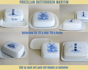 Porcelain butter dishes with a blue lighthouse, windmill or fishing boat in Delft style. Can be personalized with a name, gift idea for moving house