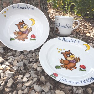 Porzellan Kindergeschirr mit putziger Eule, Sternen, Mond, personalisiert mit Namen. Geschenkidee zur Geburt, Geburtstag, Taufe, Weihnachten Set 2 | 3-teilig