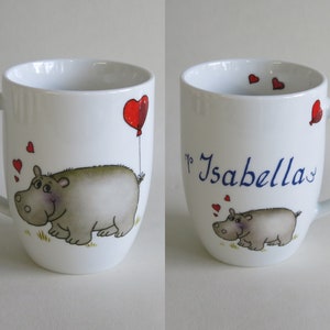 Children's tableware made of porcelain. Cute hippopotamus with heart and name. Sweet personalized gift for baptism, Easter, Christmas, school enrolment image 7