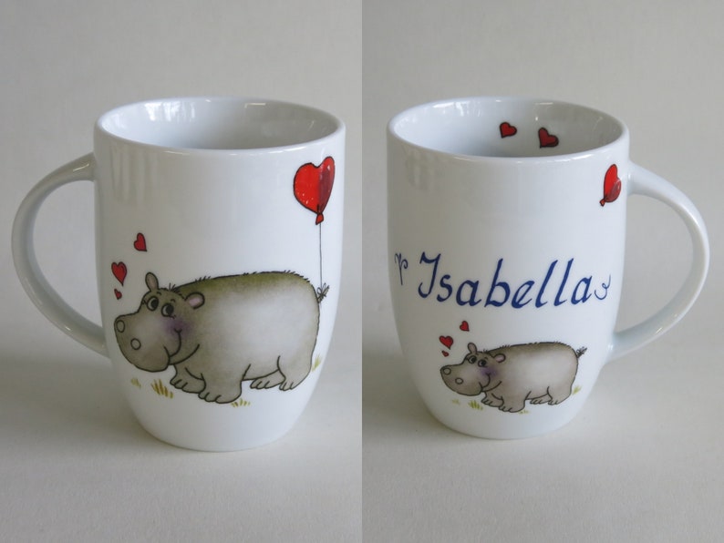 Children's tableware made of porcelain. Cute hippopotamus with heart and name. Sweet personalized gift for baptism, Easter, Christmas, school enrolment image 7