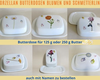 Beurrier en porcelaine pour 125 g ou 250 g de beurre, avec fleurs et papillons délicats, personnalisable, idée cadeau anniversaire, Pâques